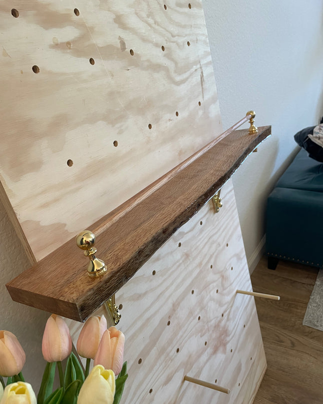 Live-Edge Oak Display Shelf with Brass Tipping Rail