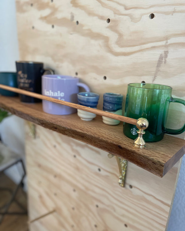 Live-Edge Oak Display Shelf with Brass Tipping Rail