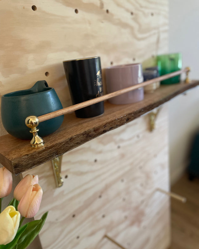 Live-Edge Oak Display Shelf with Brass Tipping Rail