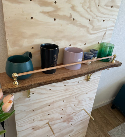 Live-Edge Oak Display Shelf with Brass Tipping Rail