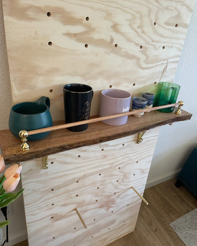 Live-Edge Oak Display Shelf with Brass Tipping Rail