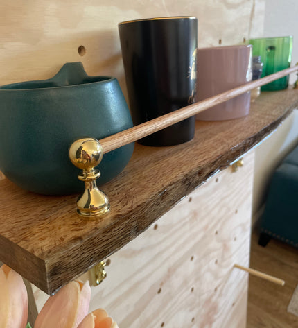 Live-Edge Oak Display Shelf with Brass Tipping Rail