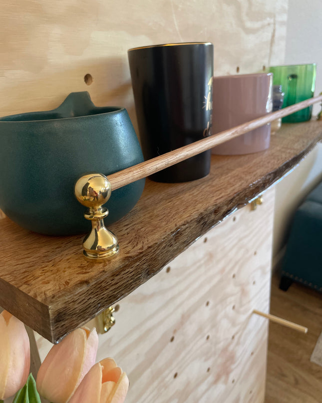 Live-Edge Oak Display Shelf with Brass Tipping Rail