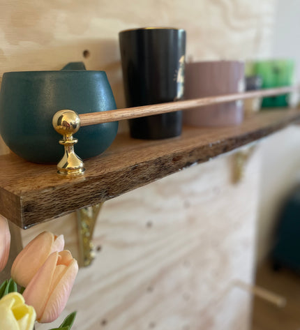 Live-Edge Oak Display Shelf with Brass Tipping Rail