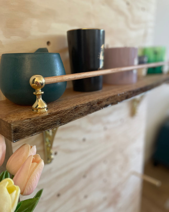 Live-Edge Oak Display Shelf with Brass Tipping Rail