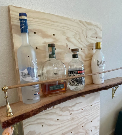 Live Edge Oak Bar Shelf with Brass Tipping Rail