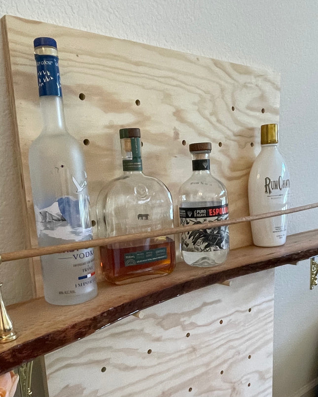 Live Edge Oak Bar Shelf with Brass Tipping Rail