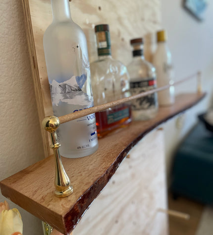 Live Edge Oak Bar Shelf with Brass Tipping Rail