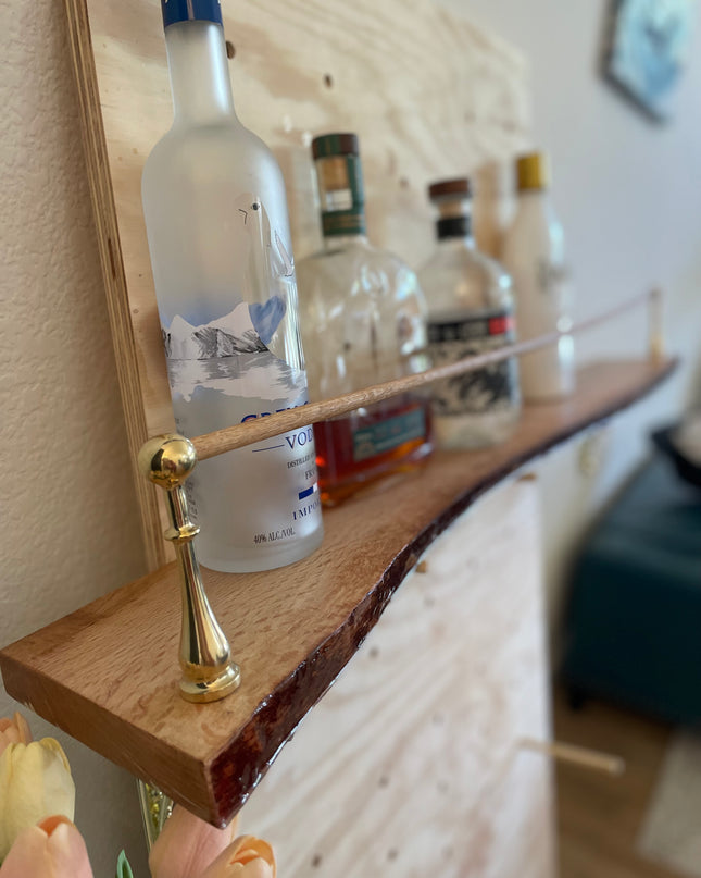 Live Edge Oak Bar Shelf with Brass Tipping Rail