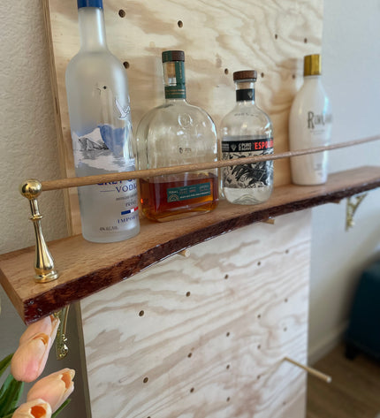 Live Edge Oak Bar Shelf with Brass Tipping Rail