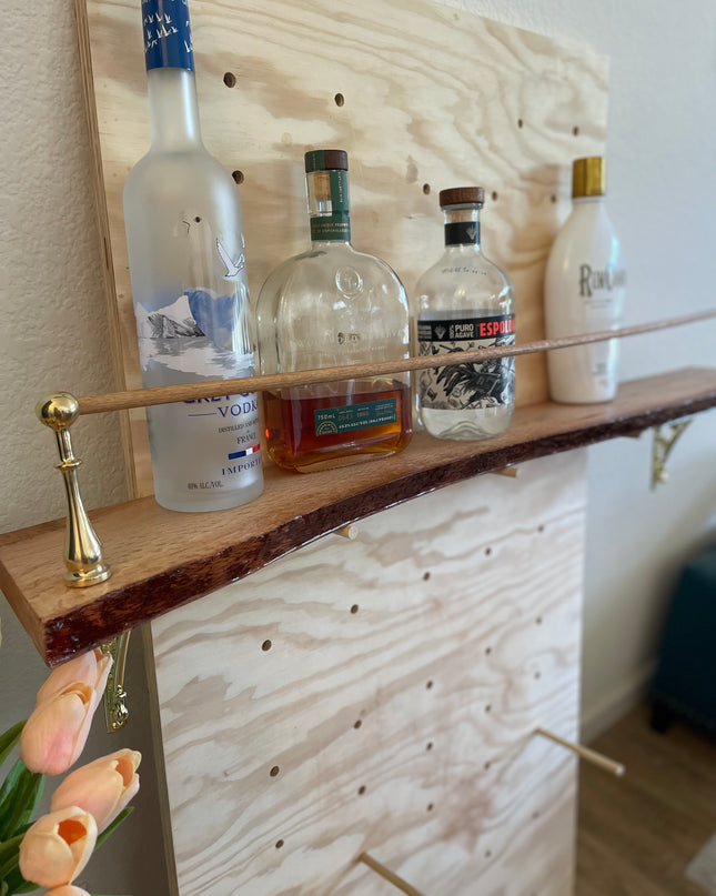 Live Edge Oak Bar Shelf with Brass Tipping Rail