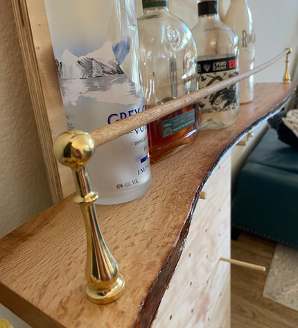 Live Edge Oak Bar Shelf with Brass Tipping Rail