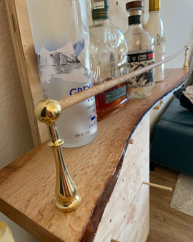 Live Edge Oak Bar Shelf with Brass Tipping Rail