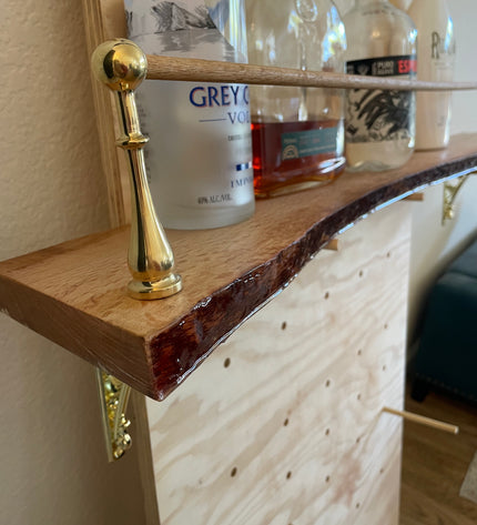 Live Edge Oak Bar Shelf with Brass Tipping Rail
