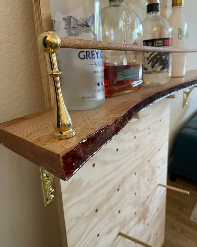 Live Edge Oak Bar Shelf with Brass Tipping Rail